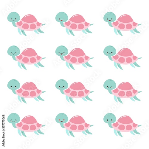 Cute baby turtles with different emotions kawaii illustration