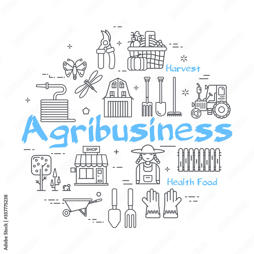 Vector blue banner linear concept - Agribusiness Farm