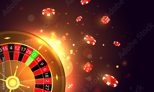 Online casino. Smartphone or mobile phone, slot machine, casino chips flying realistic tokens for gambling, cash for roulette or poker,