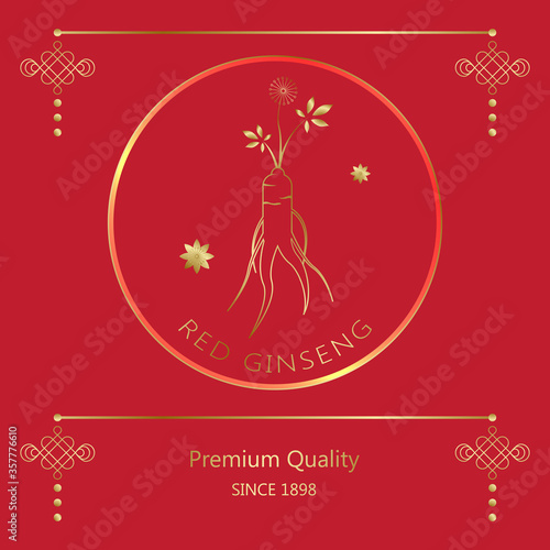 Korean or Chinese red ginseng root, Text label in Korean cultivated ginseng. Ginseng symbol for Korean cosmetics, Chinese medicine, food products, tea packages. Vector illustration
