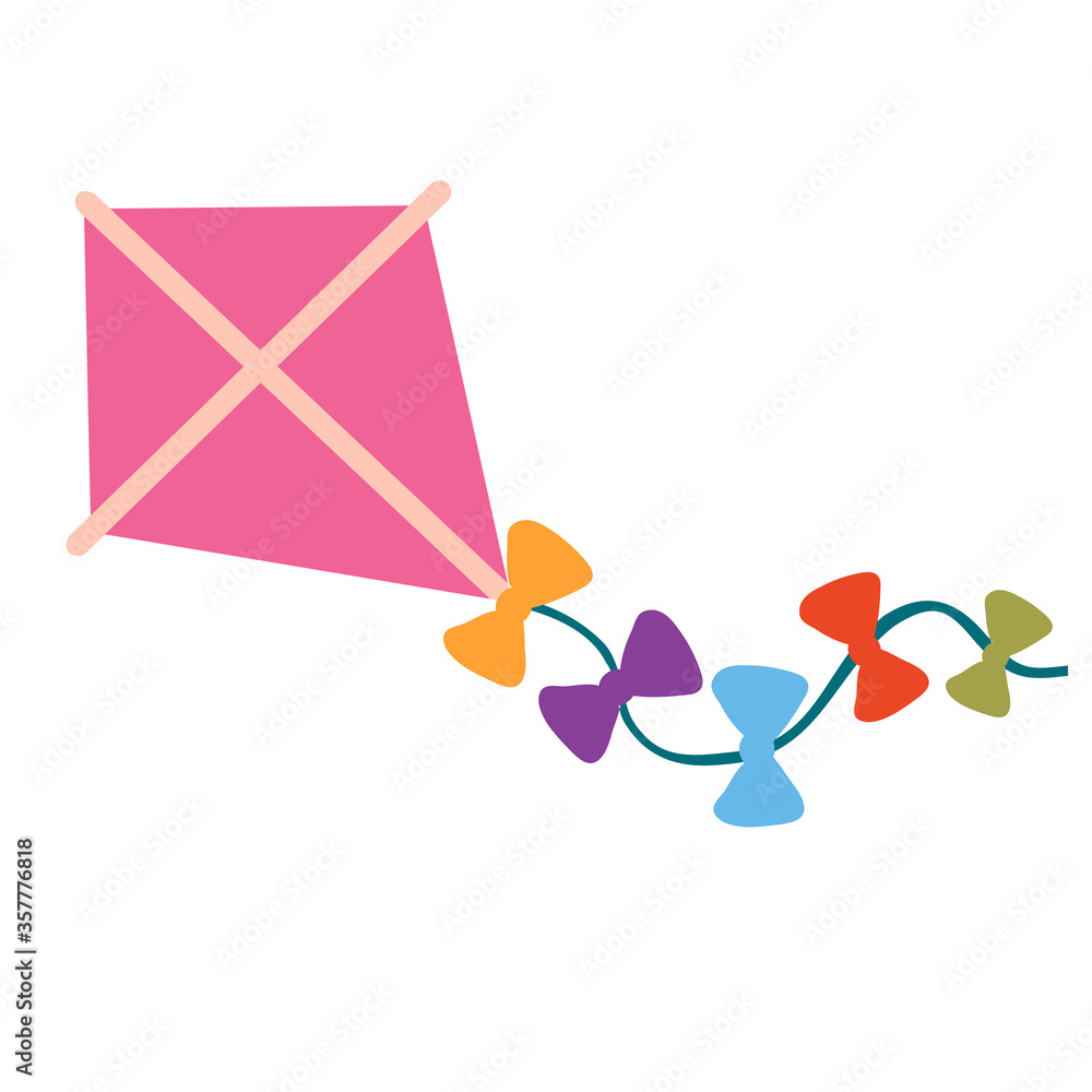 cute kite with colorful bows, flat, isolated object on a white background, vector illustration,