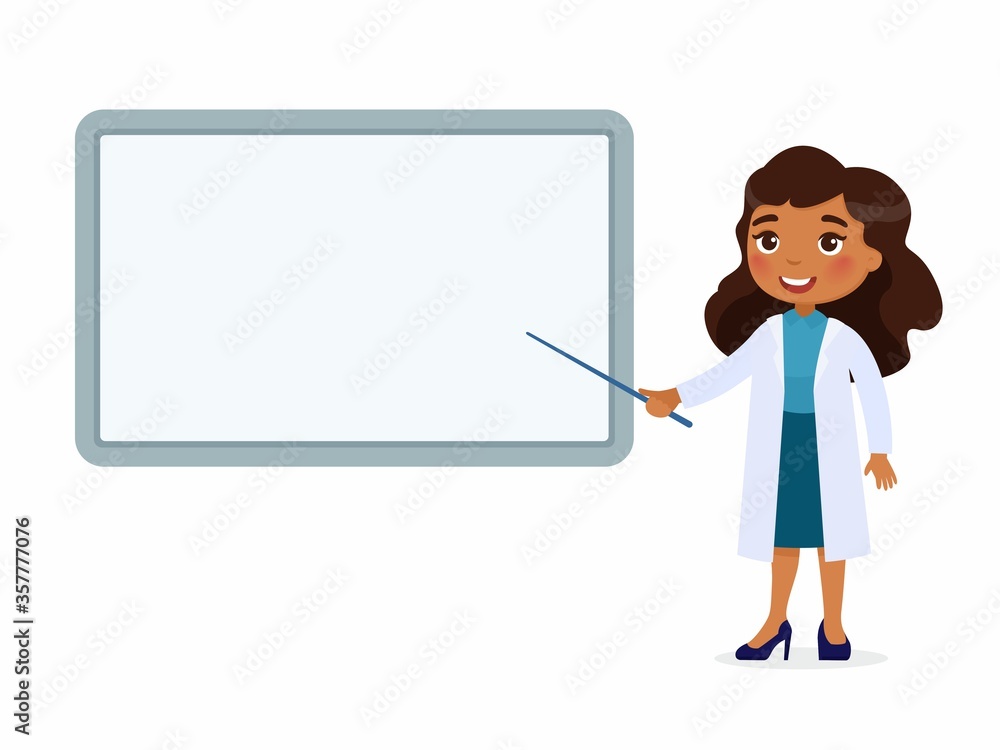 Smiling dark skin female doctor points to an empty medical demonstration board. Doctor in a white coat character. Vector illustration on a white background.