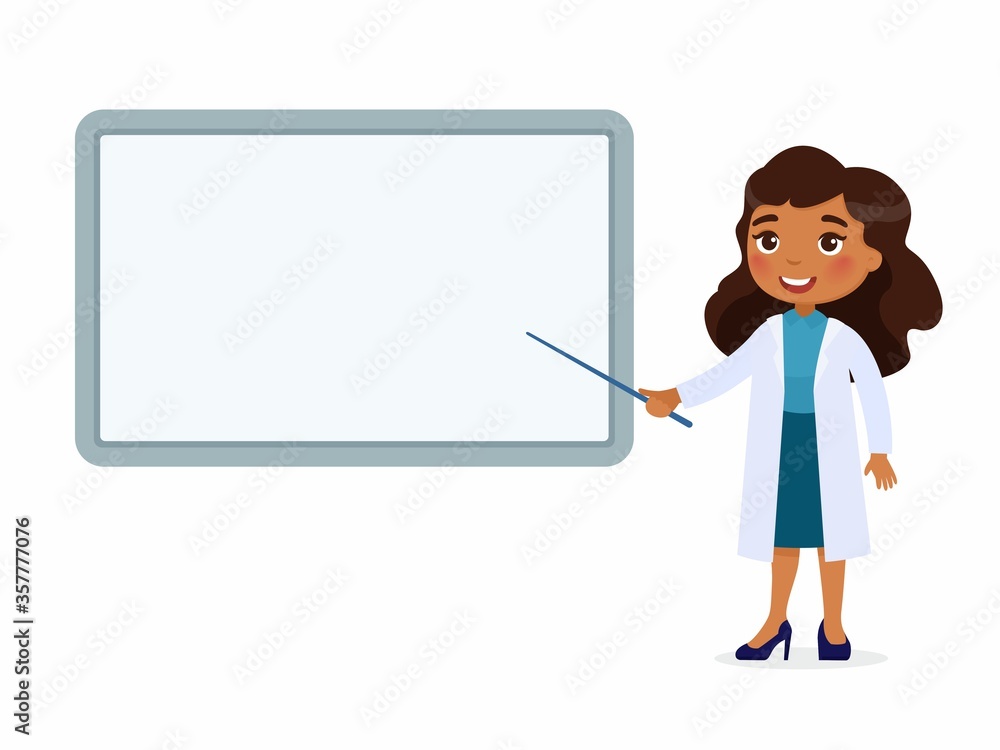 Smiling dark skin female doctor points to an empty medical demonstration board. Doctor in a white coat character. Vector illustration on a white background. Smiling dark skin female doctor points to an empty medical demonstration board. Doctor in a white coat character. Vector illustration on a white background.