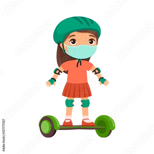 Little sportswoman with a protective mask. Virus protection, allergies consept. Cute little girl riding self balancing board cartoon character. Child with modern electric transport.