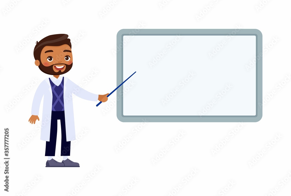 A smiling dark skin male doctor points to an empty medical demonstration board. Doctor in a white coat character. Vector illustration on a white background. A smiling dark skin male doctor points to an empty medical demonstration board. Doctor in a white coat character. Vector illustration on a white background.