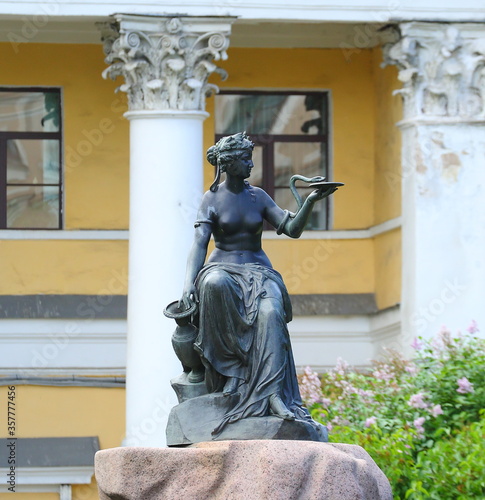 Statue of Hygeia, street of academician Lebedev, St. Petersburg, Russia July 2017
