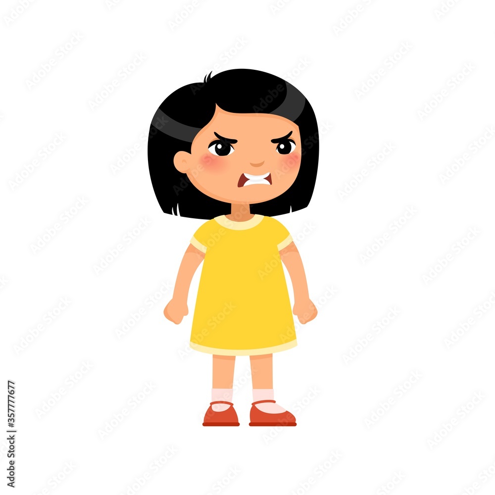 Angry little asian girl flat vector illustration. Furious child, aggressive  kid cartoon characters. Kid with mad face expression isolated on white  background Stock Vector | Adobe Stock