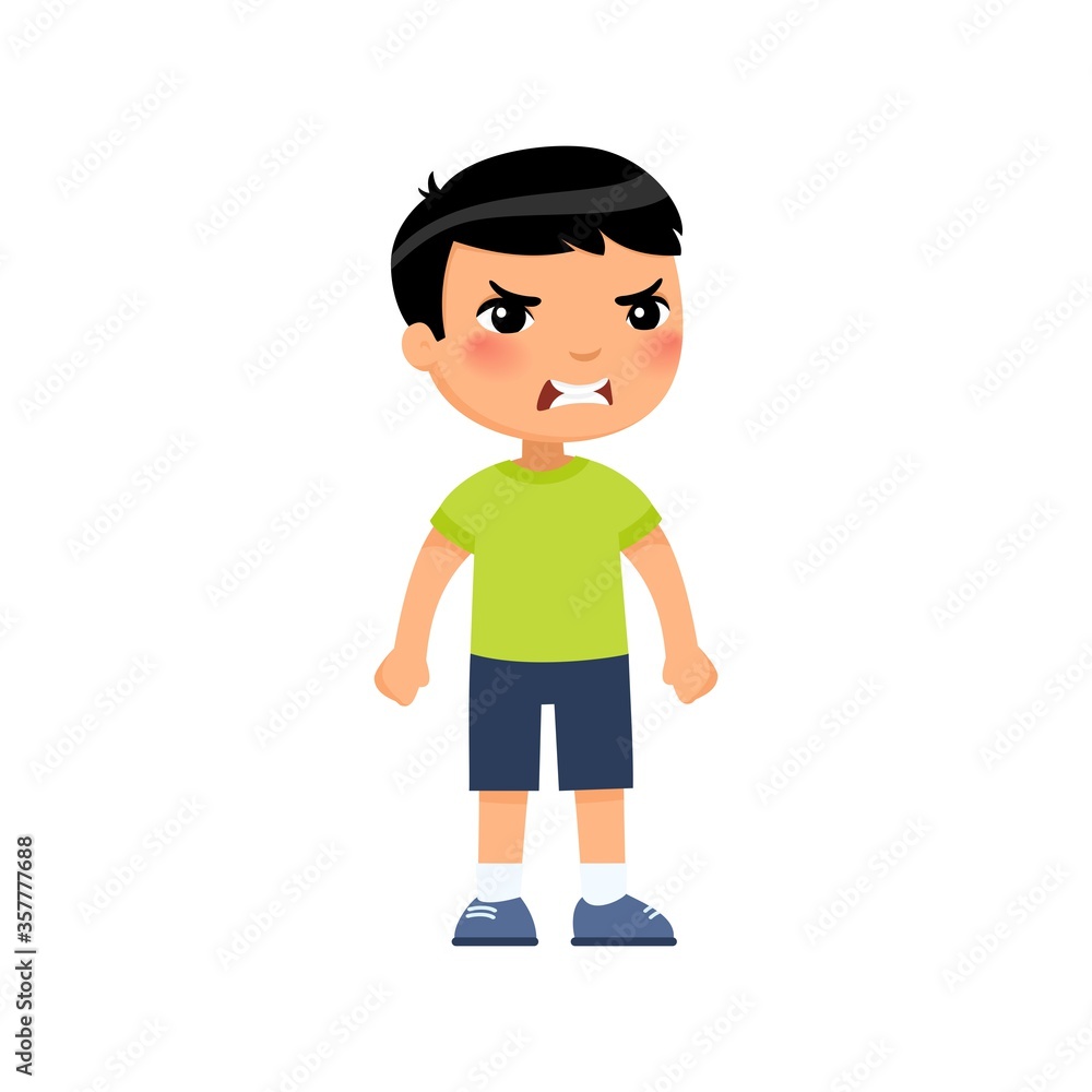 Angry little asian boy flat vector illustration. Furious child, aggressive kid cartoon characters. Kid with mad face expression isolated on white background