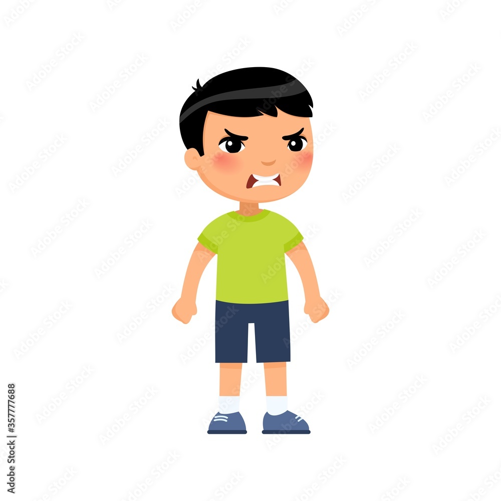 Angry little asian boy flat vector illustration. Furious child, aggressive kid cartoon characters. Kid with mad face expression isolated on white background Angry little asian boy flat vector illustration. Furious child, aggressive kid cartoon characters. Kid with mad face expression isolated on white background