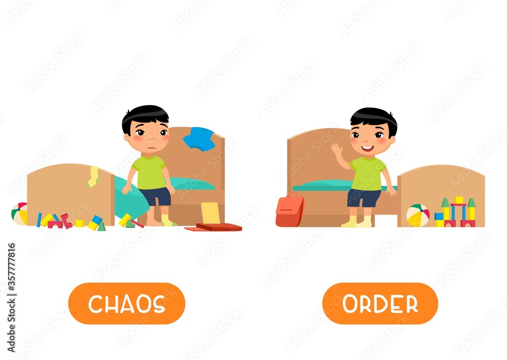 Opposites concept, CHAOS and ORDER. Childish word card for English