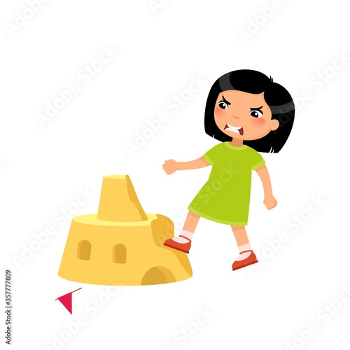 Angry asian girl destroying sandcastle flat vector illustration. Little kid breaking beach fortress cartoon character. Cruel child ruining sand tower isolated on white background. Violence concept