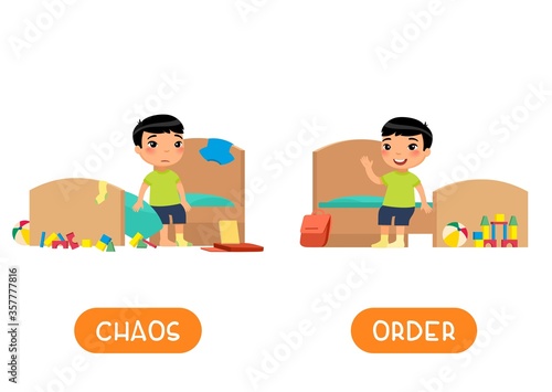 Opposites concept, CHAOS and ORDER. Childish word card for English learning vector template. Flashcard with antonyms. Little asian boy in tidy and messy bedroom flat illustration with typography