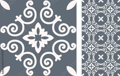 Seamless  Azulejo tile. Portuguese and Spain decor. Islam, Arabic, Indian, Ottoman motif. Vector Hand drawn background