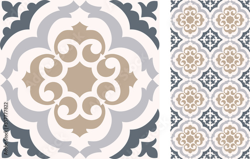Seamless  Azulejo tile. Portuguese and Spain decor. Islam, Arabic, Indian, Ottoman motif. Vector Hand drawn background