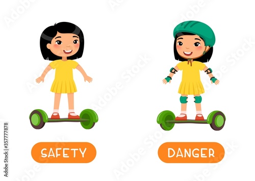 Antonyms concept, SAFETY and DANGER. Flashcard with antonyms for kids vector template. Word card for foreign language studying.