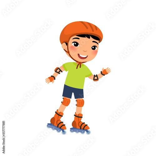 Little asian sportsman with roller skating flat vector illustration. Cute little boy self balancing roller skate cartoon character. Recreation and leisure concept