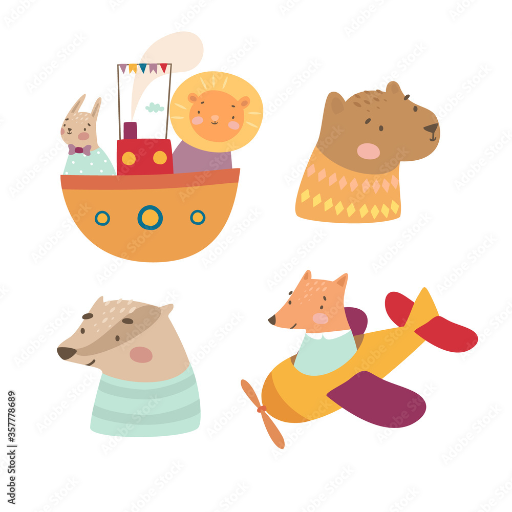Vector set of animals in the boat and helicopter. Fox, bear, lion, hare, badger. Fun adventures. Cartoon doodle animals Vector set of animals in the boat and helicopter. Fox, bear, lion, hare, badger. Fun adventures. Cartoon doodle animals