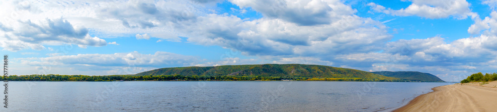 Panorama of the Big Volga river in front of the Zhiguli mountains