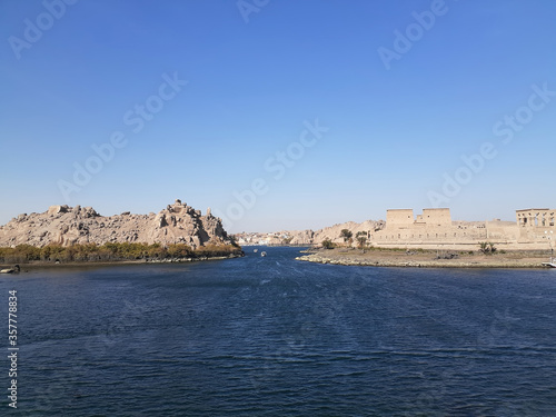 The Nile on a blue day with water is a beautiful blue color.