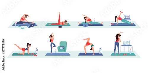 The girls goes in for sports at home via video conference. Workouts online, using gadgets mobile, laptop, tablet. The women does gymnastics, yoga, training with fitness coach. Isolated flat vector set