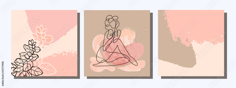 Vector set of collage modern poster with abstract shapes and one line illustrations of women body. For posters, textile print, greeting card template, social media post, banner, invitation, brochure Vector set of collage modern poster with abstract shapes and one line illustrations of women body. For posters, textile print, greeting card template, social media post, banner, invitation, brochure