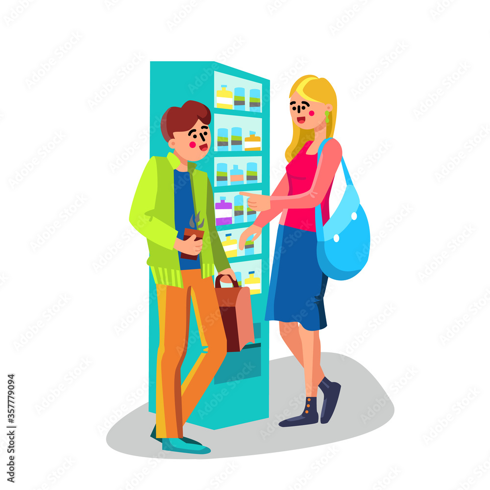 Man And Woman Talking Near Vending Machine Vector Man And Woman Talking Near Vending Machine Vector