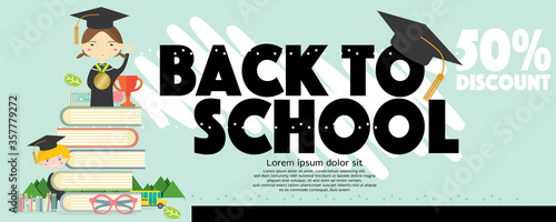 Back to School 50 percent Discount Sale Banner Vector Illustration.
