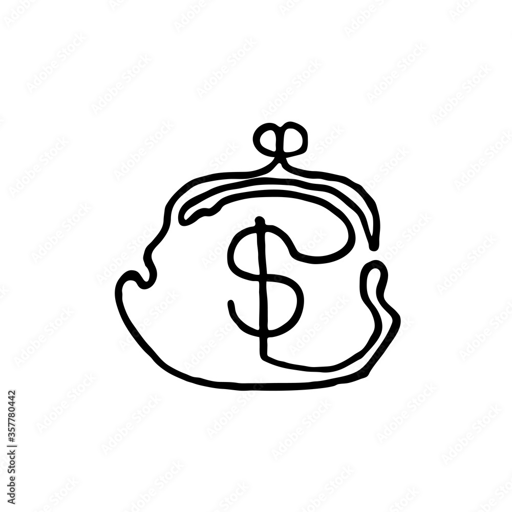 Obraz premium Vector hand drawn outline icon of purse isolated on white background. One line drawing.