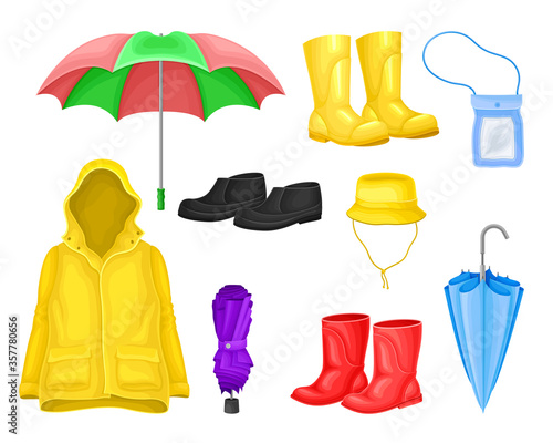Waterproof Clothes and Things for Rainy Weather Condition with Yellow Raincoat and Rubber Boots Vector Set