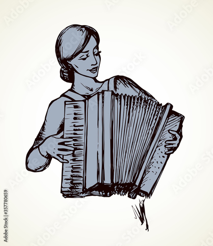 Lady plays the accordion. Vector drawing