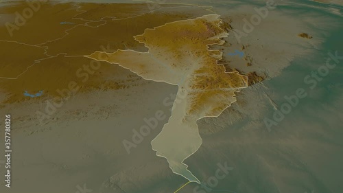 Manicaland, province with its capital, zoomed and extruded on the relief map of Zimbabwe in the conformal Stereographic projection. Animation 3D photo