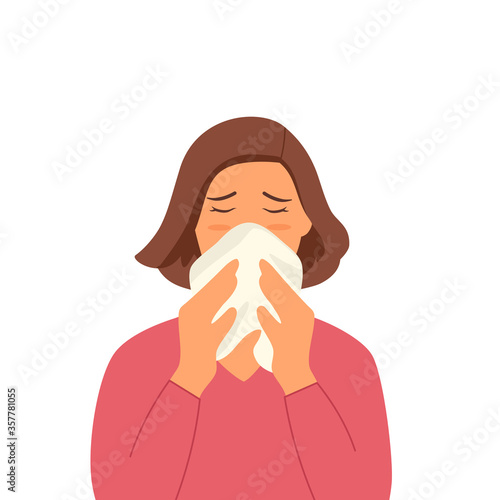 Sneezing woman concept vector illustration on white background. A woman in pink dress sneezing in handkerchief. Sick woman sneeze. Season allergy. Covid-19 coronavirus pandemic influenza infection.