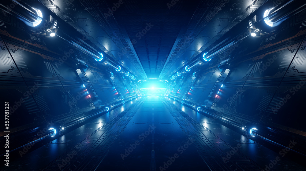 Blue and red futuristic spaceship interior with window view on planet ...