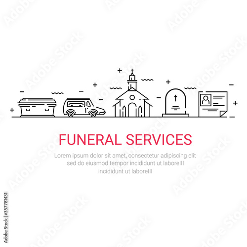 Funeral service icon set in linear style.