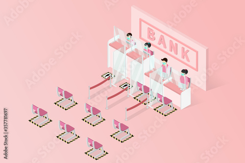 New normal isometric, Signs social distancing queues of people line at the bank counter, people wear face shield and face mask, Installing Plexiglas guards or sneeze guards to combat COVID-19.