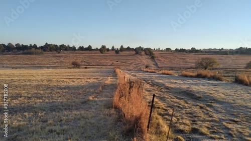 Winter farm landscape grass fields and a bright blue sky