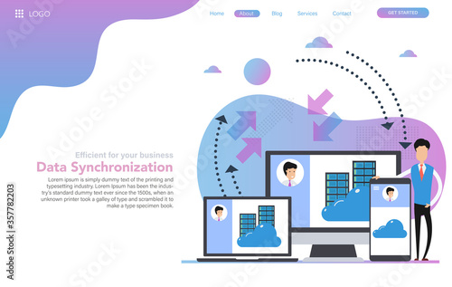 Vector web header template of data synchronization in flat