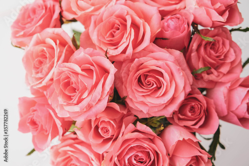 Beautiful bouquet of fresh pink roses in full bloom.