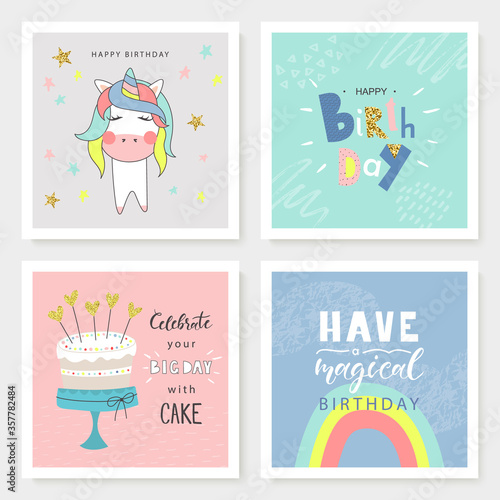 Set of Birthday greeting cards and party invitation templates with cute hand drawn elements. Vector illustration