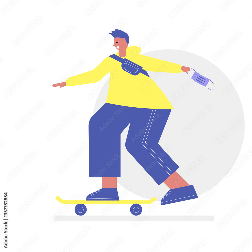 Fototapeta premium Happy young man in huddy on skateboard. Smiling trendy boy walking outside. Free teen concept. Cute vector illustration in flat style