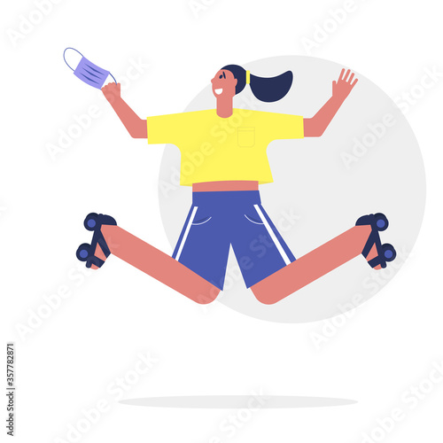 Happy young woman on quads with face mask in hand.  Quarantine and coronavirus lockdown finishing or violation concept. Smiling teenager 
without medical mask outside. Cute illustration in flat 