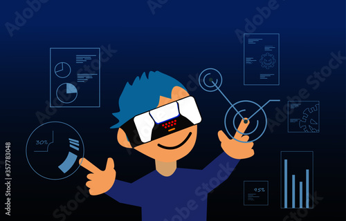 A man moving objects data and graph around using a virtual reality VR headset. business technologies. People vector illustration.