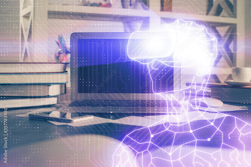 Computer on desktop with AR theme icon. Multi exposure. Concept of augmented reality. Computer on desktop with AR theme icon. Multi exposure. Concept of augmented reality.
