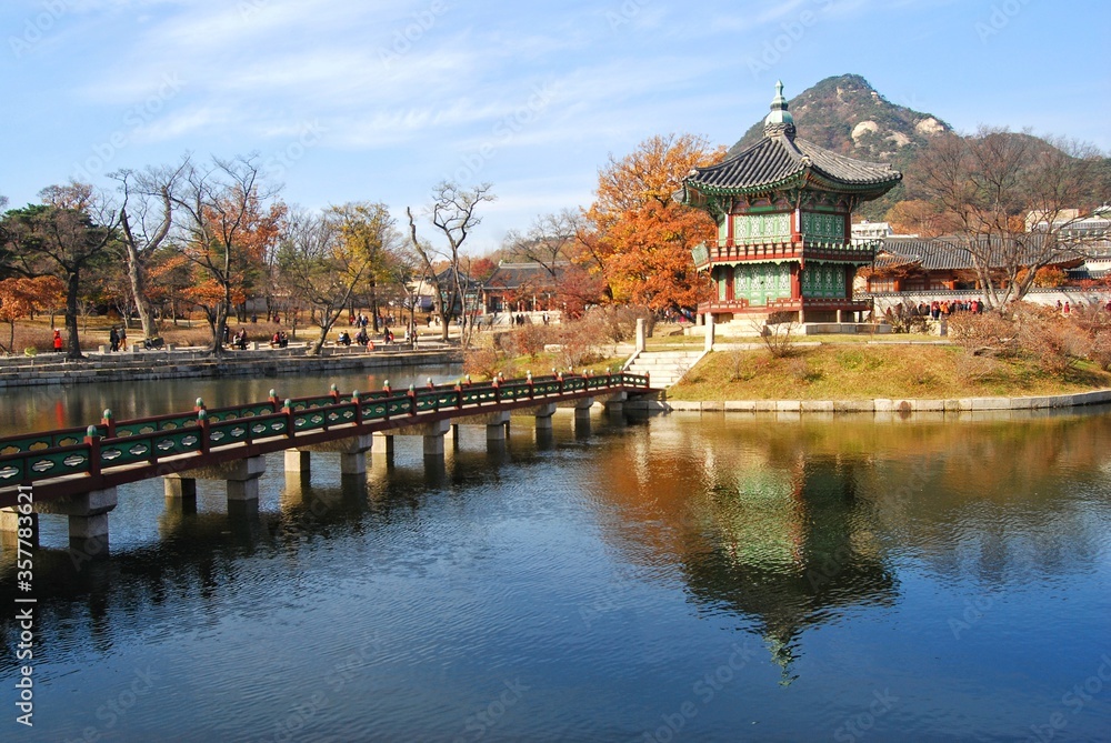 2-storey Korean Art Pavilion, Located on an island in the middle of a swamp with a bridge, can walk to see. 2-storey Korean Art Pavilion, Located on an island in the middle of a swamp with a bridge, can walk to see.