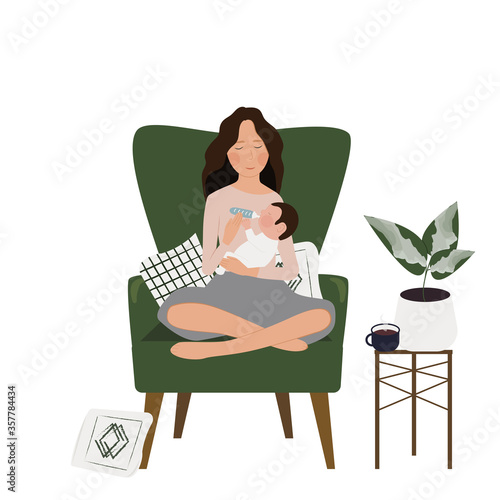 Vector illustration of beautiful woman feeding her baby with a bottle of milk  on a armchair with cup of hot drink. Concept of mother care and baby nursing