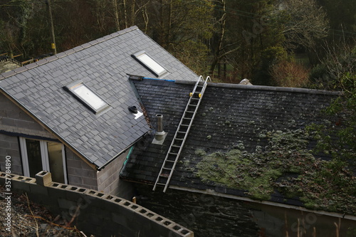 A view looking down on a house extension with a mossy roof and roof ladder.