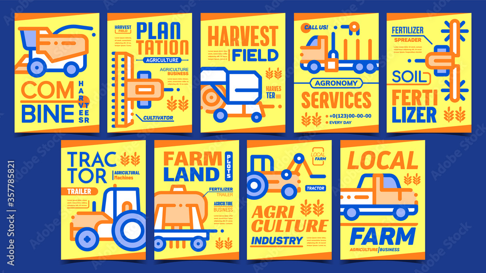 Agricultural Machines Promo Posters Set Vector. Combine And Tractor, Soil Fertilizer And Truck, Agronomy Services And Agriculture Business Advertising Banners. Concept Layout Style Color Illustrations