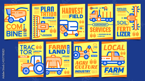 Agricultural Machines Promo Posters Set Vector. Combine And Tractor, Soil Fertilizer And Truck, Agronomy Services And Agriculture Business Advertising Banners. Concept Layout Style Color Illustrations