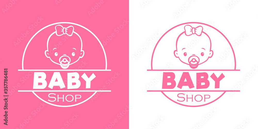 Concepto tienda de moda infantil. Logotipo lineal con texto Baby Shop en círculo con cara de bebé chica con chupete en fondo rosa y fondo blanco