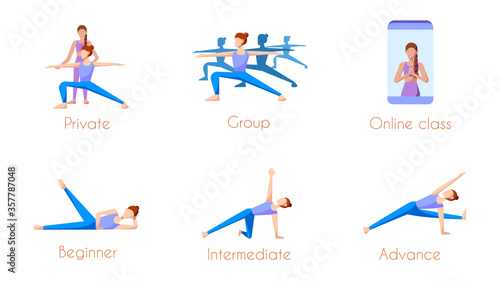 Yoga class icon : 3 level of beginner, intermediate and advance class, private, group and online class. A woman in yoga pose. A yoga instructor. Vector illustration , Flat design